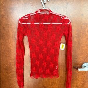 Free People Vibrant Red Sheer Lace Blouse